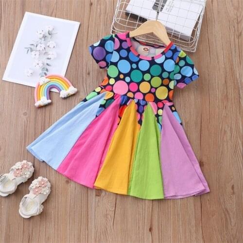 Summer cute childrens clothing girls dress rainbow polka dot printing stitching A-line knee-length dress
