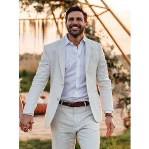 ANNIEBRITNEY Ivory 2 Piece Men Slim Fit Business Linen Summer Suit 2020 Summer Groom Wedding Tuxedo Tailor Made Casual Men Suit