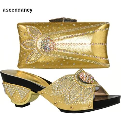 New Arrival Gold Color Sales In Women Matching Shoes and Bag Sets Decorated with Rhinestone Nigerian Women Shoes and Bag Sets