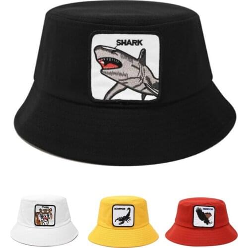 Animal Embroidery Shark Bucket Hat Tiger Unisex Outing Chapeau Men Fisherman Gorros Couple Lion Casual Cotton Cap Women шапки