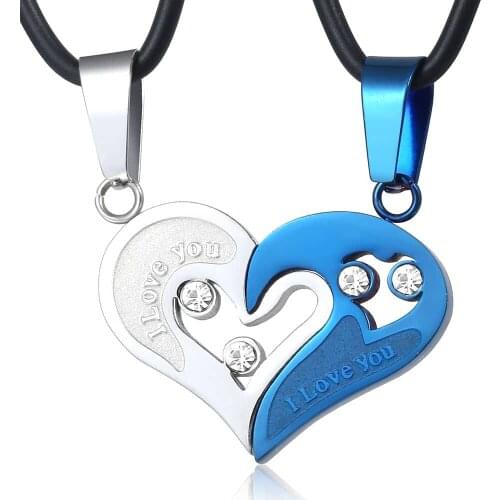 Couple Necklace Heart Pendant I Love You Mens Womens Couples Stainless Steel Link Blue Silver Color Clear Rhinestones DKP609