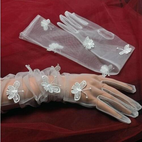 Womens elegant embroidery butterfly beaded white color mesh glove female spring summer transparent sunscreen lace glove R2893