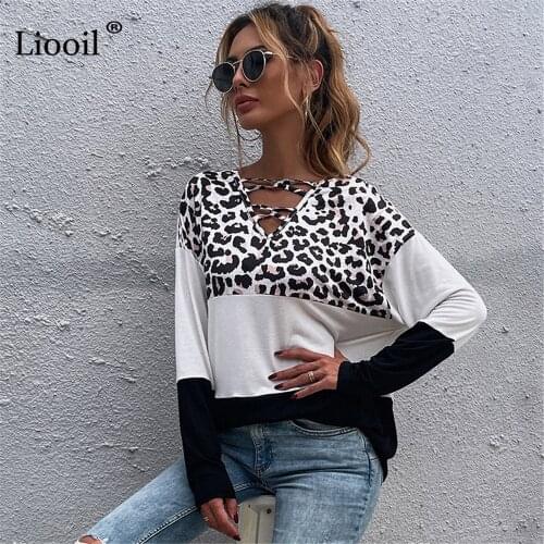 Liooil Patchwork Long Sleeve T Shirt Leopard Print V Neck Casual Tops For Women 2021 Autumn Winter Color Block Baggy T Shirts