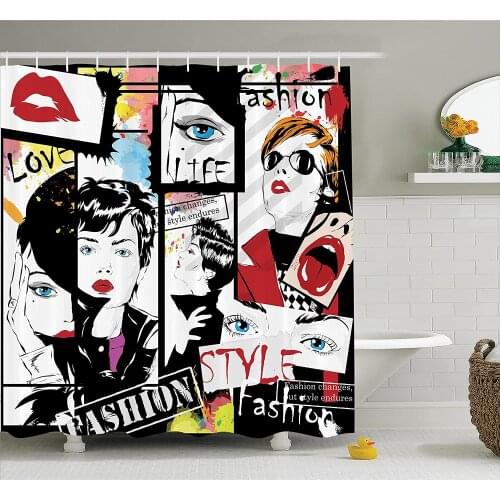 Teen Girls Shower Curtain Fashion Girl in Sketch-Style Illustration Glamour Modern Model Portrait Artwork Bathroom Curtains