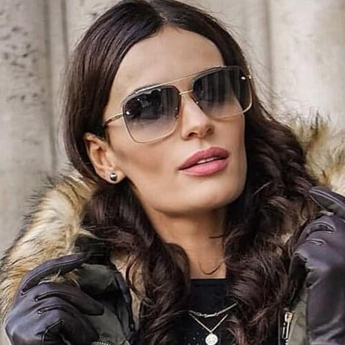 High Quality Womens Square Sunglasses Men Rimless Shades Luxury Metal Double Bridge Sunglasses Female Driving zonnebril dames