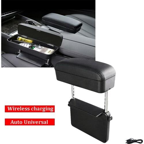 Universal Car Armrest Box Adjustable Elbow Support Auto Center Console Auto Seat Gap Organizer Wireless Charger Multifunctional