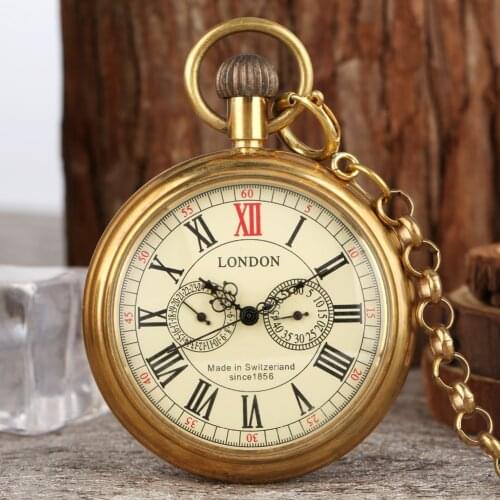Vintage Brass Pocket Watch Without Cover Mechanical Big Clock Roman Digital Comfortable Thick Chain Pendant Unisex Portable Gift