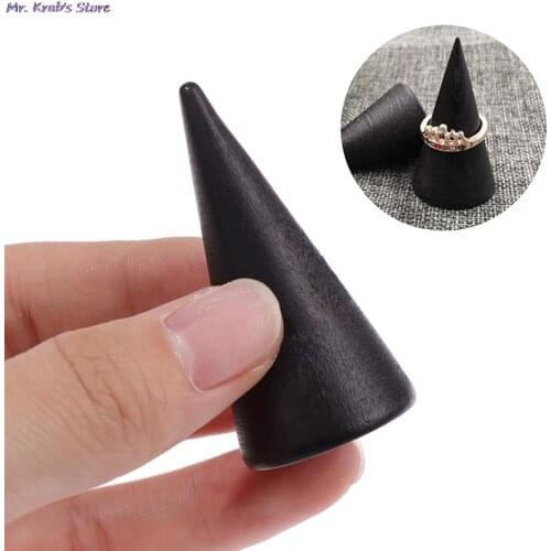 Vintage Black Wooden Ring Holder Display Cone Rack Solid Wood Finger Trinket Stand Storage Organizer