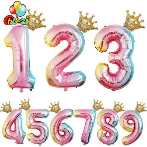 2pcs 123 Number Digital Birthday Crown Foil Helium Balloons Gradient Colorful Decorations Party Supplies Baby Shower Globos Toys