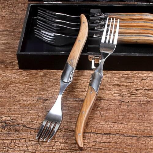 High-Class Stainless Steel Tableware Wooden Curved Handle Dinner Fork Main Fork Flatware Cutlery Gift Box Flatware Set 6pcs/set