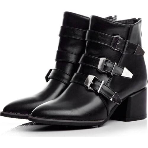 2020 Autumn Women Ankle Boots Pu Leather Square High Heel Pointed Toe Winter Fashion Short Western Boots Black 32- 48 6-62