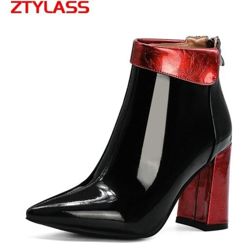 Black Red Green Women Patent Leather Zipper Ankle Boots Fashion Mixed Colors Square High Heel Short Boots Autumn Winter Shoes