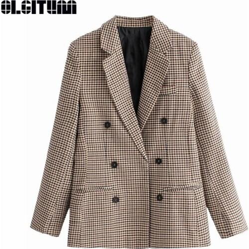 New Women Plaid Blazer 2020 Spring Autumn Double Breasted Slim Long Sleeve Coat Office Suit Lady Outerwear Jacket Female BL040