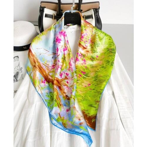 Women Hijab Scarf Fashion Real Natural Silk Satin Scarves Large Square Muslim Head Scarves Printed 90x90cm Tree And flower print