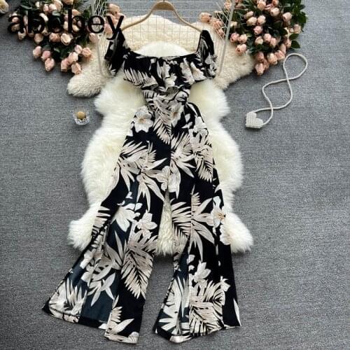 Women French Floral Rompers Sweet Ruffles Slash Neck Off Shoulder Jumpsuits Summer Bohemian split Print Beach Long Rompers
