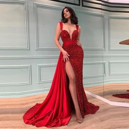 2021 Ladies Shiny Prom Cocktail Dress Summer New Casual Sexy Red Split Sequin Tail Skirt Gown Suitable Formal Partie