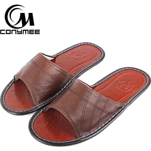 CONYMEE 2018 Summer Mens Genuine Leather Slippers Shoes Men Casual Sneakers For Home Beach Sandals Flip Flops Big Size Sandalias