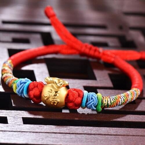 999 Pure 24k Yellow Gold Bracelet Bless 3D Wealth Fu Bag Pendant Colorful Cord Bracelet 6.3"L Wedding Gift