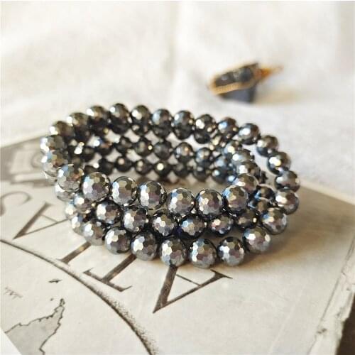 Natural Stone Terahertz Stone Beads 6mm Faceted Round Handmade Three circle bracelet blingbling