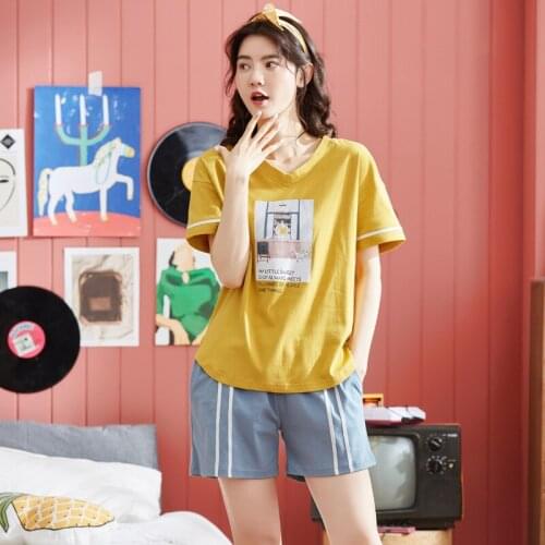 Women 2019 summer Korean new cotton ladies pajamas fresh sweet short sleeve shorts thin two piece pajama sets pajama set pajamas