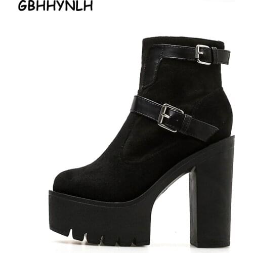 GBHHYNLH Fashion Ankle Boots Platform Shoes Round Toe winter Boots Thick High Heels snow shoes Buckle Punk Boots Women LJA491