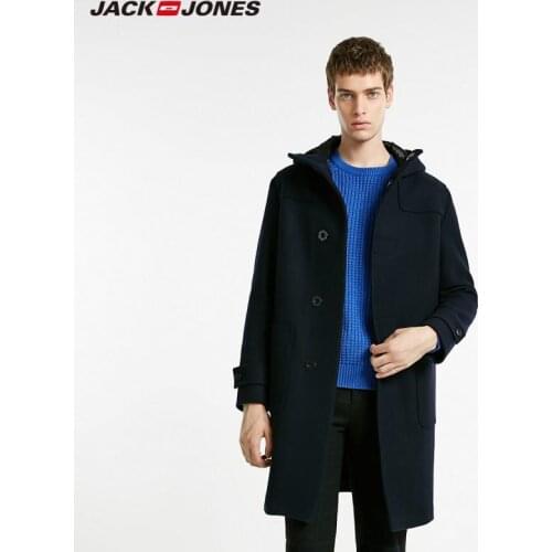 JackJones Mens Mid-length Hooded stand-up collar Multiple Pockets Woolen Overcoat|218427507