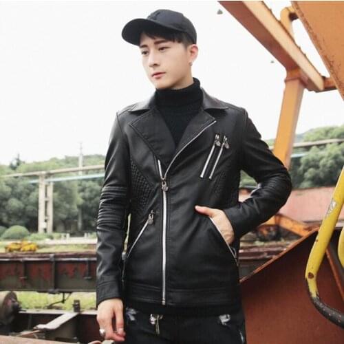 HOT Mens Fashion zipper leather jacket locomotive large lapel leather Coat 2018 Autumn new tide men motorcycle leather clothes