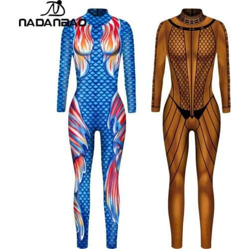 NADANBAO Hot Sale Womens Bodysuits 3D Fish Scales Printed Rompers Fashion Cosplay Long-sleeved Catsuit For Halloween Party