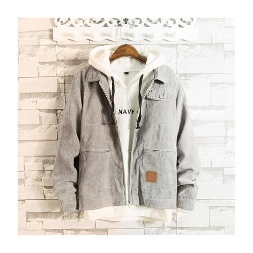 Fashion mens denim jacket autumn men Solid color slim Multi-pocket baseball coat male turn-down collar zipper denim outwear Top