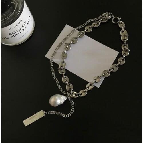 Fashionable Simple Natural Pearl Stainless Steel Chain Pendant Necklace Womens Jewelry Initial Necklace