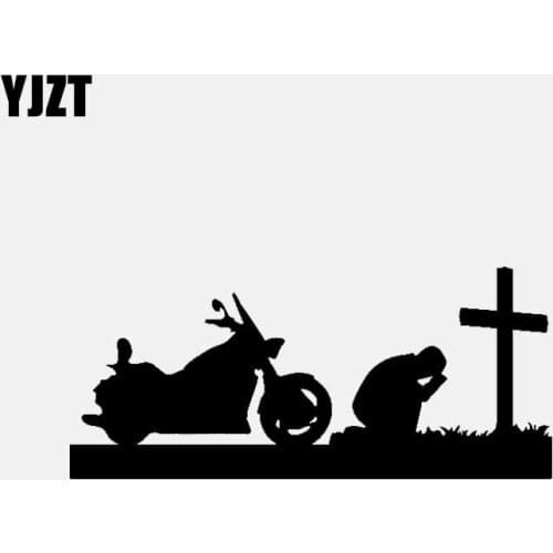 YJZT 14.9CM*6.6CM Motorycle Kneeling At The Cross Praying Christian Religious Car Sticker Vinyl Decal Black/Silver C3-1424