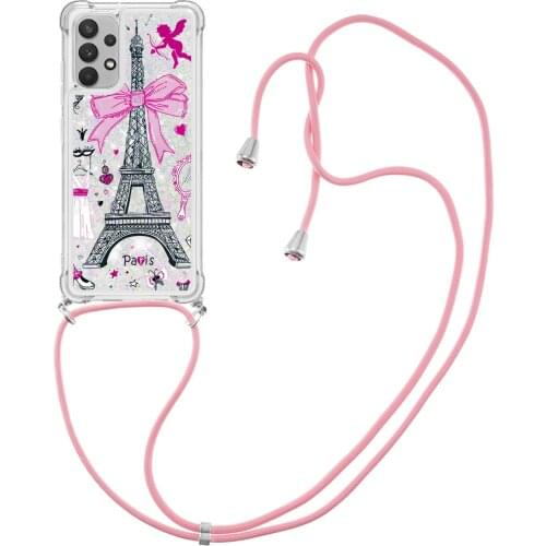 Glitter Liquid Quicksand Air Cushion Reinforced Corners Shockproof Crossbody Phone Case For Samsung Galaxy A32 4G Straps Cover