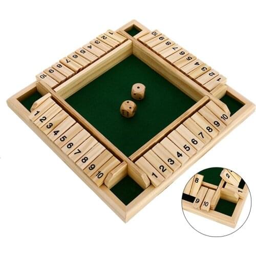 10 Numbers Board Game Wooden Shut the Box Dice Game Family Party Club KTV Entertainment Game for Kids and Adults 4 Sided 30cm