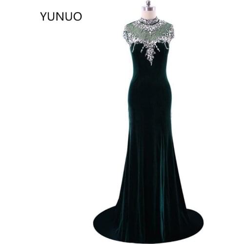 YUNUO New Fashion Velvet Prom Dresses 2021 For Special Occasion High Neck Sexy Mermaid Crystal Beaded Cap Sleeve S120101