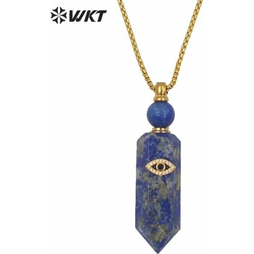 WT-N1248 New design hot sales hexagon cube shape spirit quartz gem-stone perfume bottle necklace with eye charm for women
