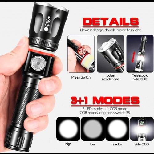 100000 Lumen Multifunctional LED Flashlight L2 T6 USB Rechargeable Bright COB Zoomable Torch linterna Tail Magnet LED Work Light