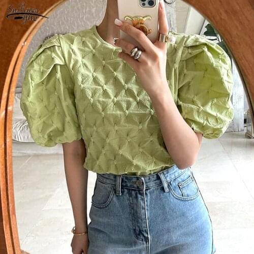 Loose Puff Sleeve Summer Pleated Blouse Women Korean O Neck Elegant Woman Shirt 2021 Fashion Casual Lady Tops Blusas Mujer 15369