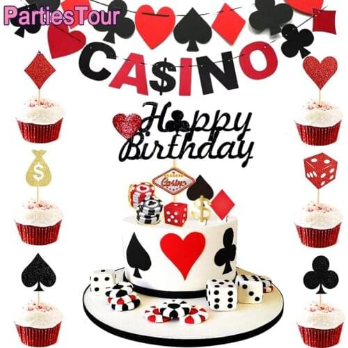 Casino Theme Party Decor Glitter Paper Cake Topper Casino Party Happy Brithday Cake Topper Flag Baby Shower Poker Cake Decortion