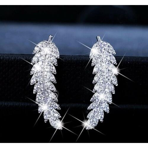 Utimtree Fashion Leaf Zircon Stud Earrings for Women 925 sterling silver Crystal Wedding Earrings Bridal Jewelry Female Girl