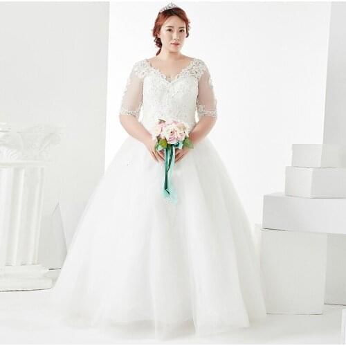 Evening Dress Flowers Embroidery V-Neck Fashion Half Sleeves White Floor-Length Lace Up New Plus Size Women Formal Gowns D1041