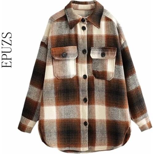 Vintage Chic Patchwork Plaid Jacket women Oversized Pockets Turn-Down Collar coats and jackets women Casual outwear Streetwear