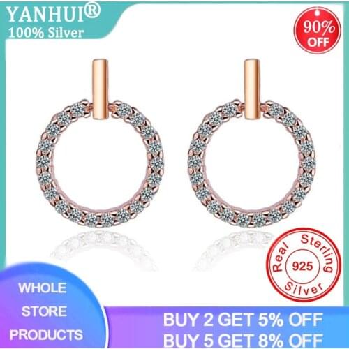 YANHUI NEW Delicate Simple Design Cubic Zirconia Paved Round Stud Earrings Rose Gold Color CZ Crystal Women Silver 925 Earrings
