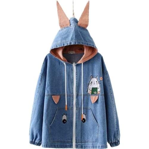 Merry Pretty Denim Jackets Womens Cartoon Embroidery Basic Jeans Coats Winter Rabbit Ears Hooded Zippers Jacket Blue Outwear