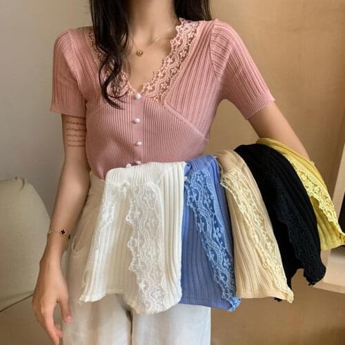 Woman Tshirts Three Womens Clothing ~ Short Sleeve Top Female Summer V-neck Stitching Lace Sweater Crop Top Mujer Camisetas