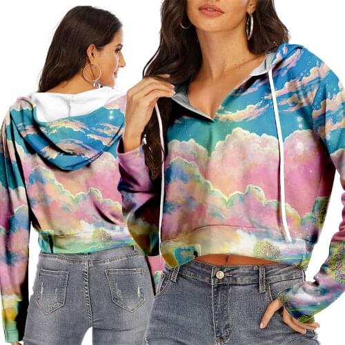 Women Short Hoodies Pink Cute Printed Sweatshirt Tracksuit Long Sleeve Female Crop Top 2021 Fashion Clothing Harajuku