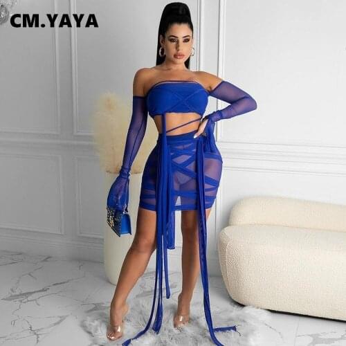CM.YAYA Women Set Solid Mesh Full Flare Sleeve Strapless Crop Tops Bandage Mini Skirts Two 2 Piece Sets Sexy Night Outfit Summer
