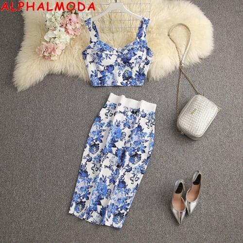 ALPHALMODA 2021 Summer New Floral Cropped Tank Top Pencil Skirt Women 2pcs Fashion Suit Slim Fit Chic Skirt Set