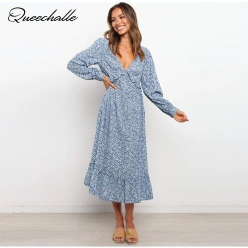 Floral Print Dress Boho 2021 Autumn Blue Sexy V-Neck Empire Lantern Sleeve Holiday Casual Dress Women Ruffle A-line Vestidos