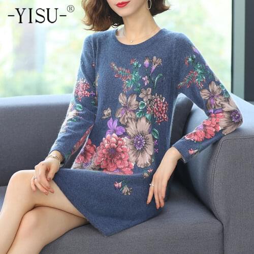 YISU Women Winter Sweater Dress O-Neck Flower Printing Long section Loose Warm Female Jumper Dress Casual Knitted pullover dress