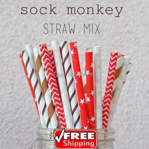 200pcs Mixed 4 Designs Sock Monkey Themed Paper Straws - Cheap Brown,Red,Stripe,Chevron,Star, Made in USA,Rustic Party Supplies